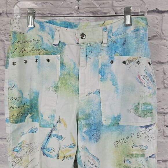 Chico's Linen Blend White Trouser Crop Pant Summer Fish Postcard Lace Up Bottom - Picture 3 of 12